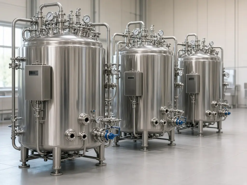 Biorreatores em aço inoxidável com instrumentação e tubulações sanitárias em planta de biomanufatura